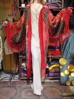 Peacock Velvet  Sheer Fringe gown