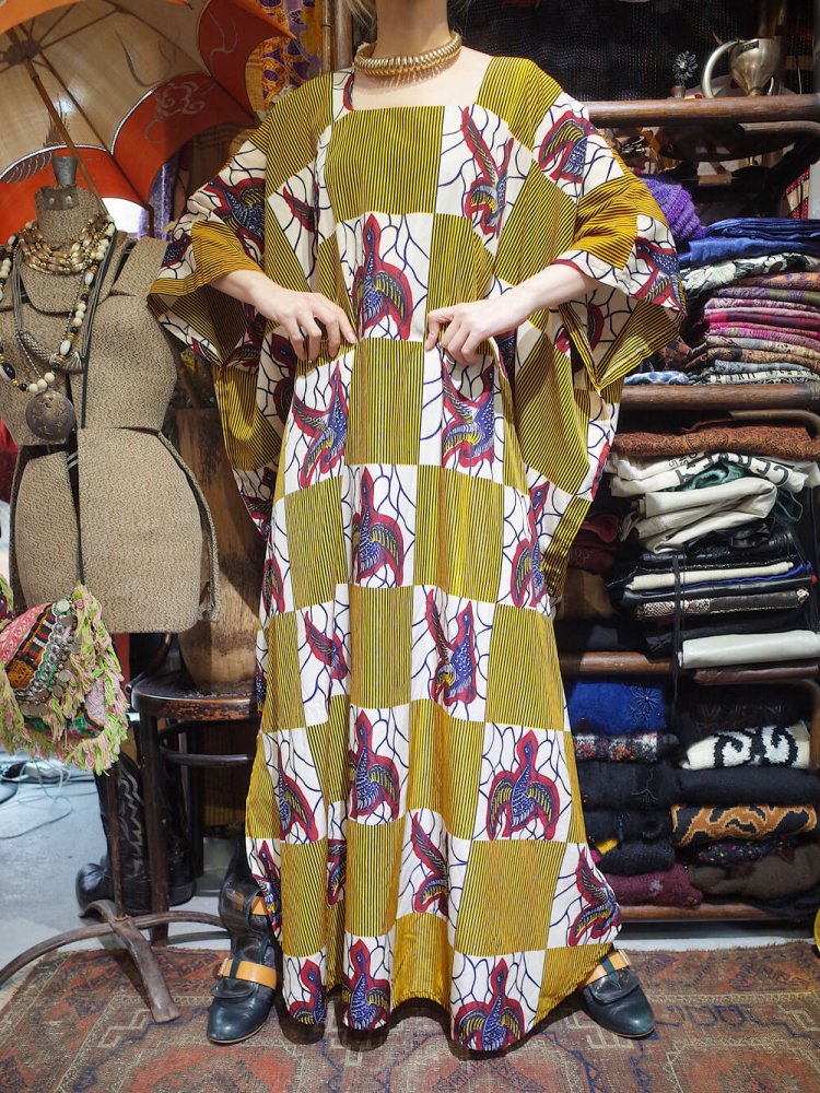 African Bird Pattern Square Neck Kaftan Dress