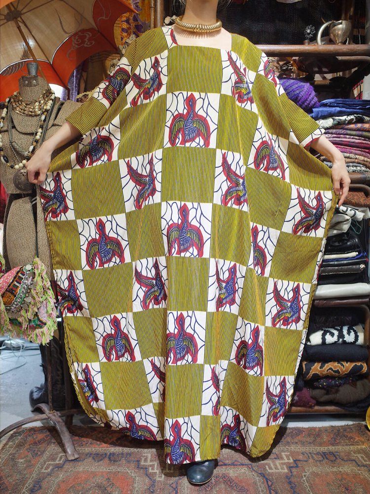 African Bird Pattern Square Neck Kaftan Dress