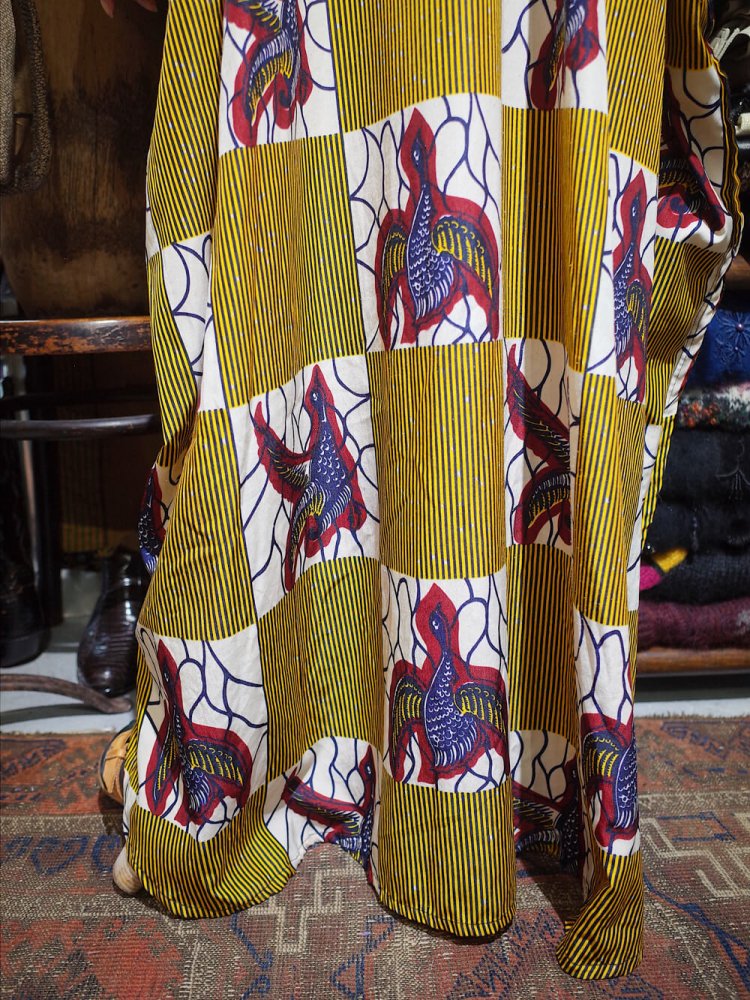 African Bird Pattern Square Neck Kaftan Dress