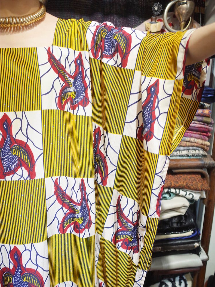 African Bird Pattern Square Neck Kaftan Dress