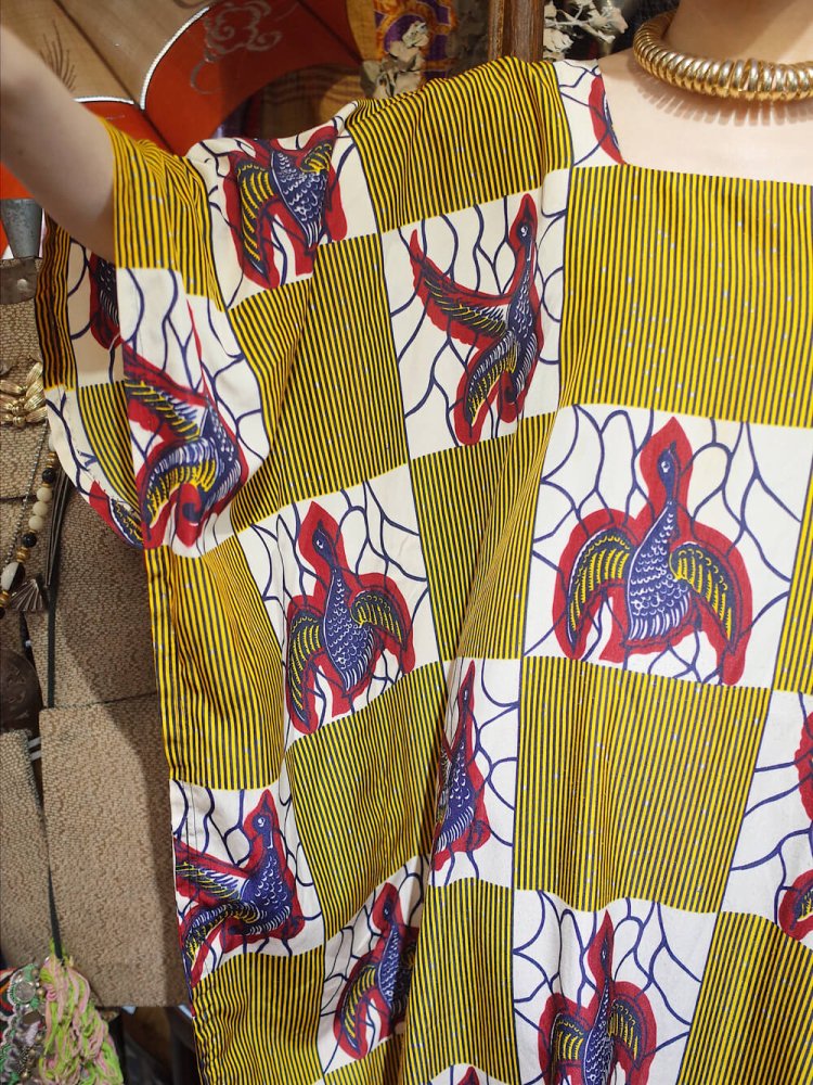 African Bird Pattern Square Neck Kaftan Dress