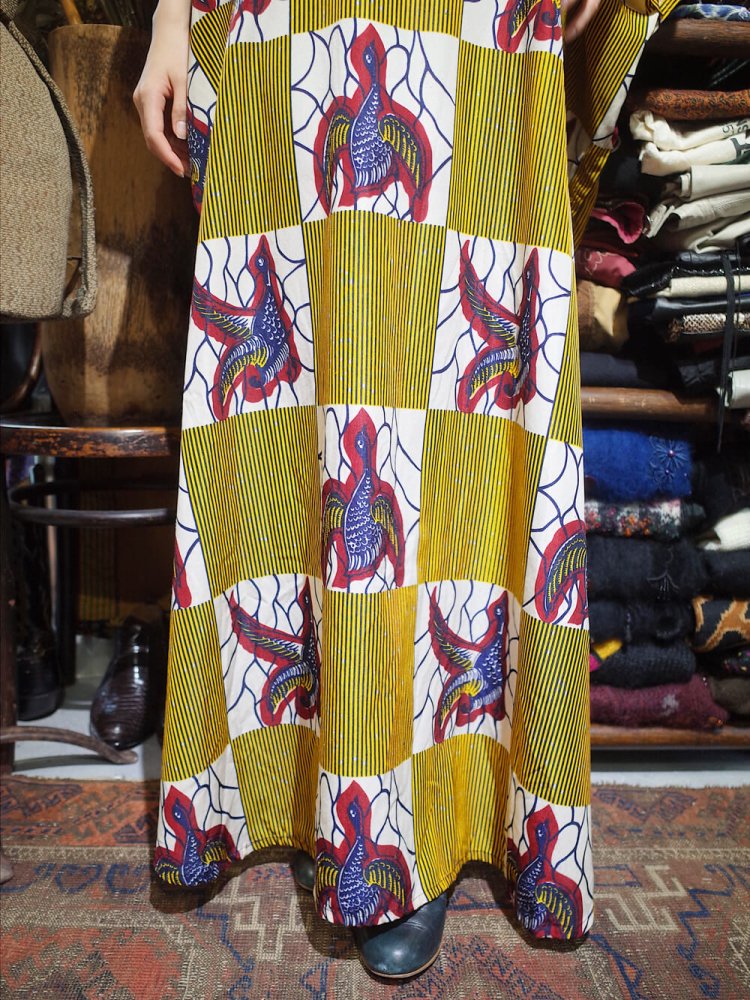 African Bird Pattern Square Neck Kaftan Dress