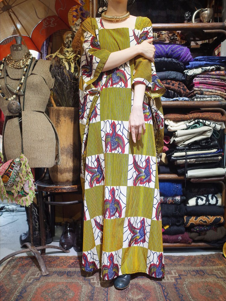 African Bird Pattern Square Neck Kaftan Dress