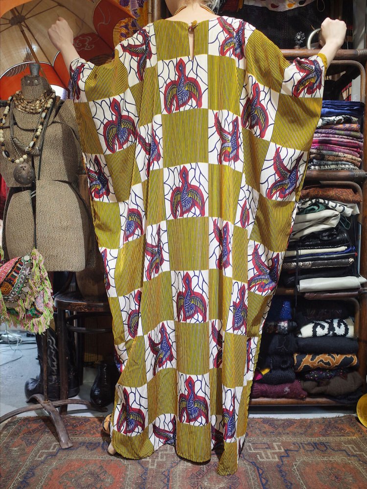 African Bird Pattern Square Neck Kaftan Dress