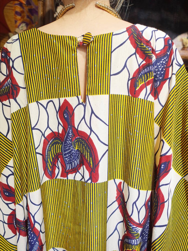 African Bird Pattern Square Neck Kaftan Dress