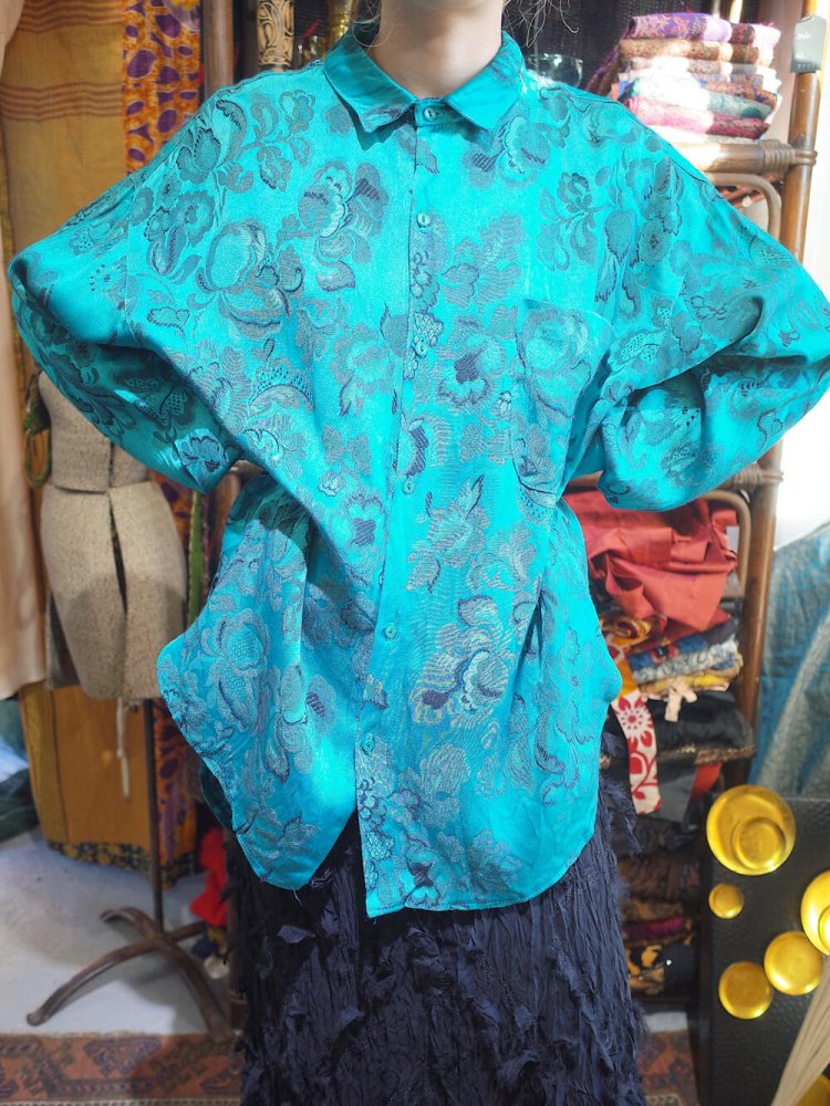 Emerald Flower Jacquard Rayon Big Silhouette Shirt