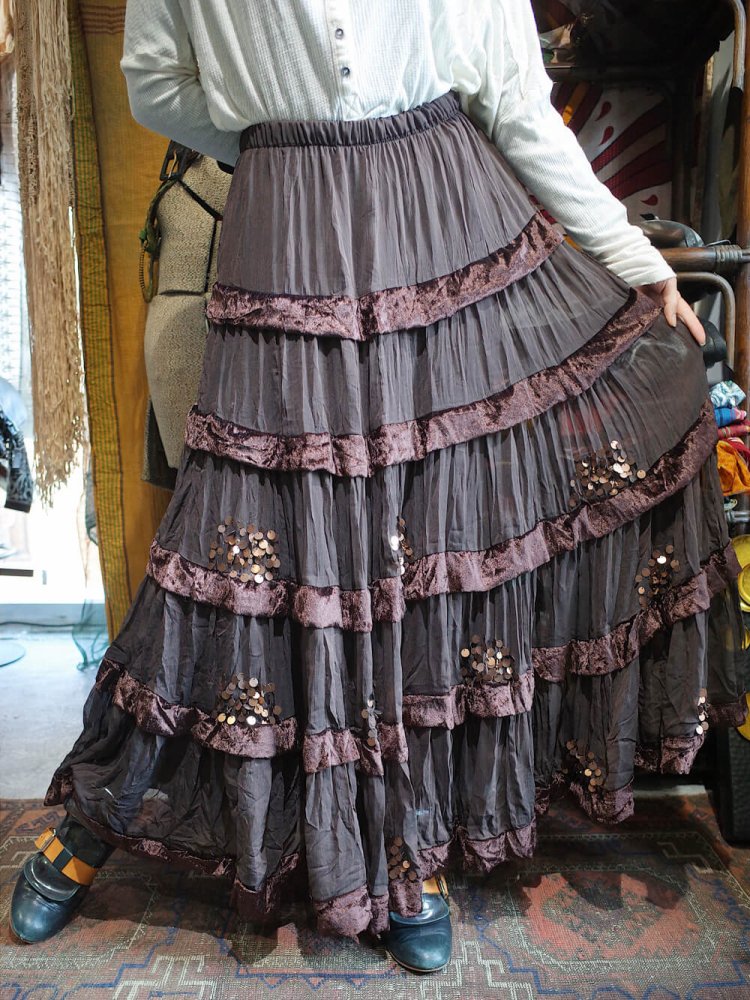 Chocolate Brown Velvet  Sheer Tiered Skirt