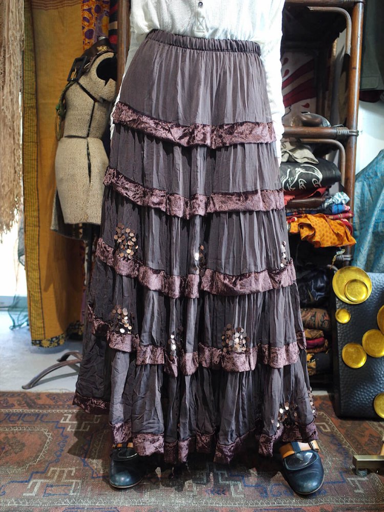 Chocolate Brown Velvet  Sheer Tiered Skirt