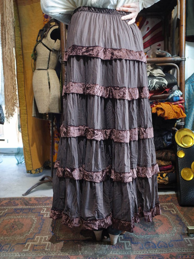 Chocolate Brown Velvet  Sheer Tiered Skirt