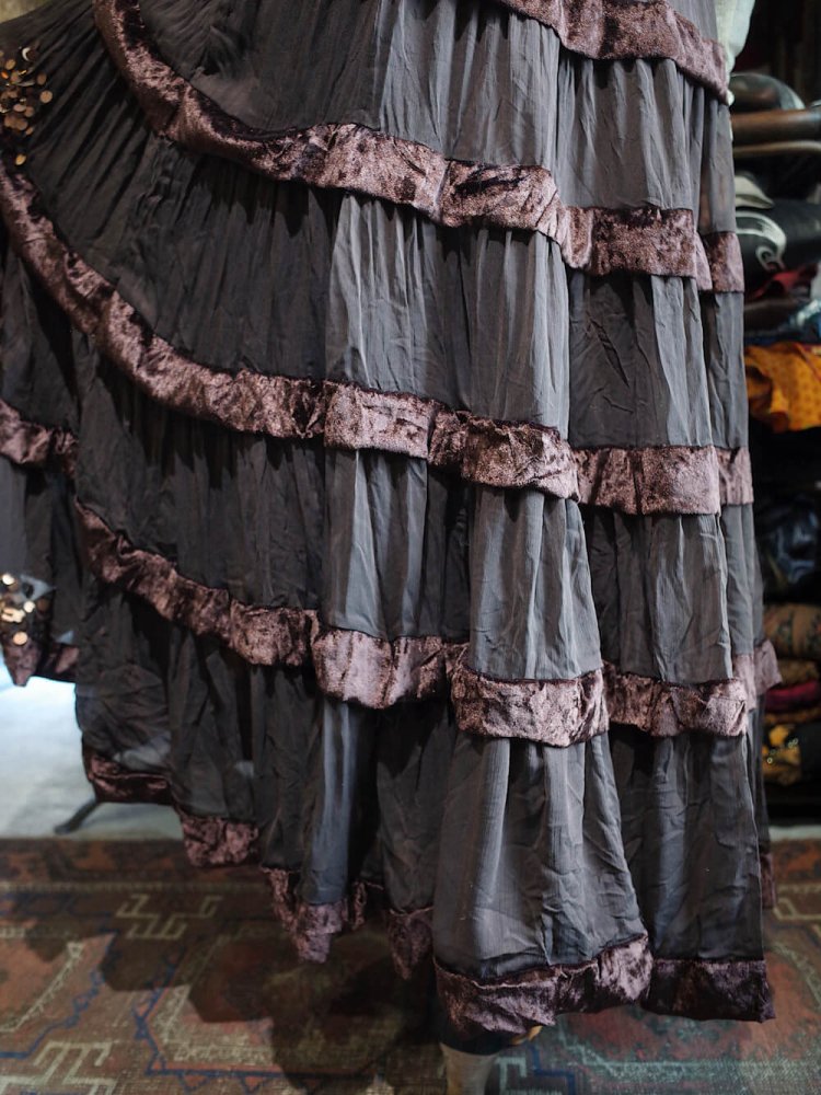 Chocolate Brown Velvet  Sheer Tiered Skirt