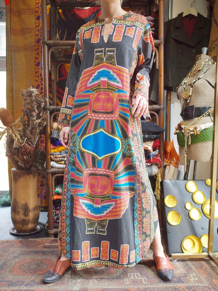 c.1970s "Totem Pole" Face Pattern Dress