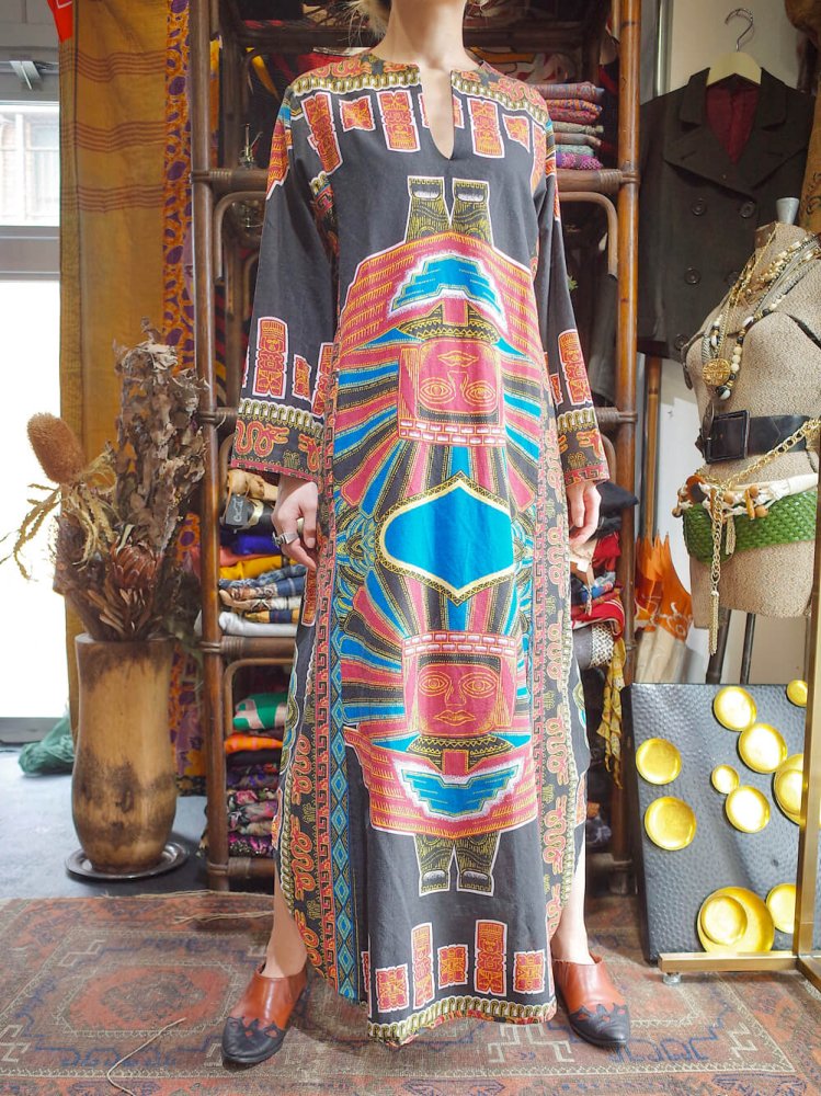 c.1970s "Totem Pole" Face Pattern Dress