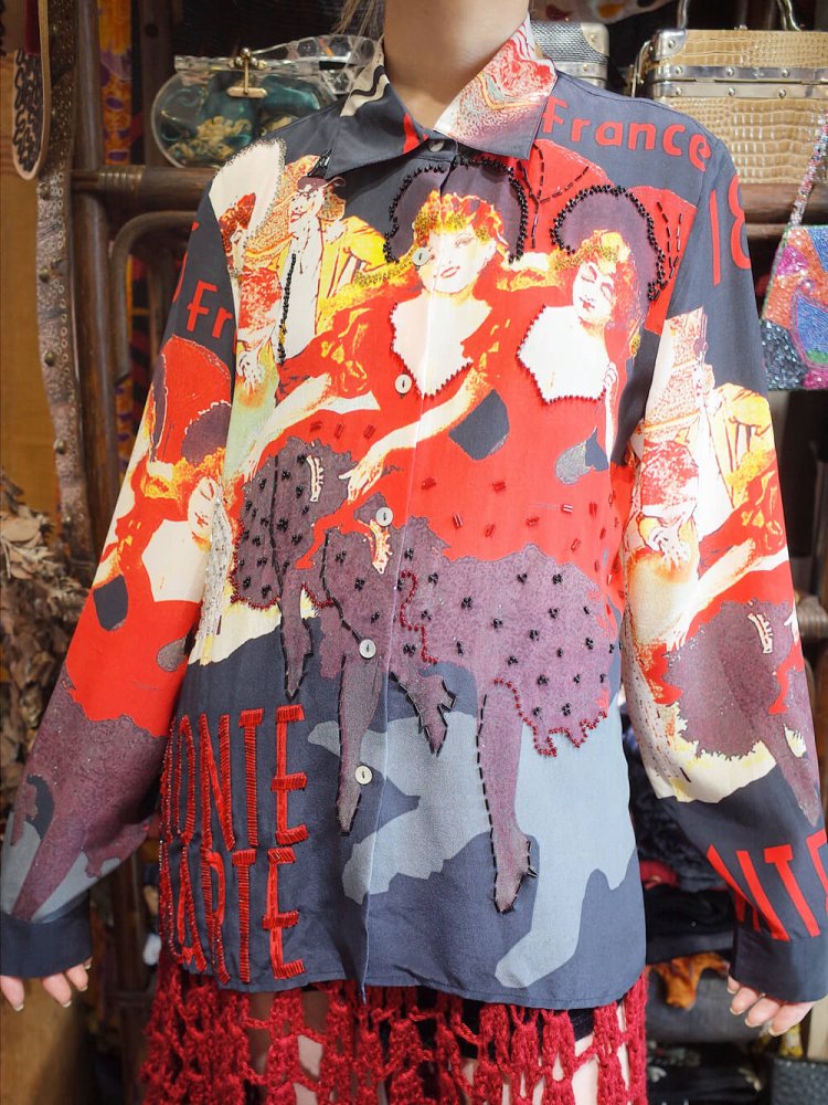 Antique Poster Pattern Silk Sheer Shirt