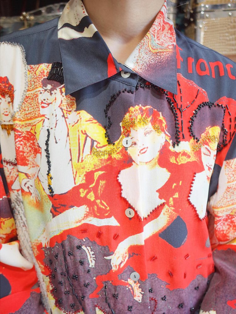 Antique Poster Pattern Silk Sheer Shirt