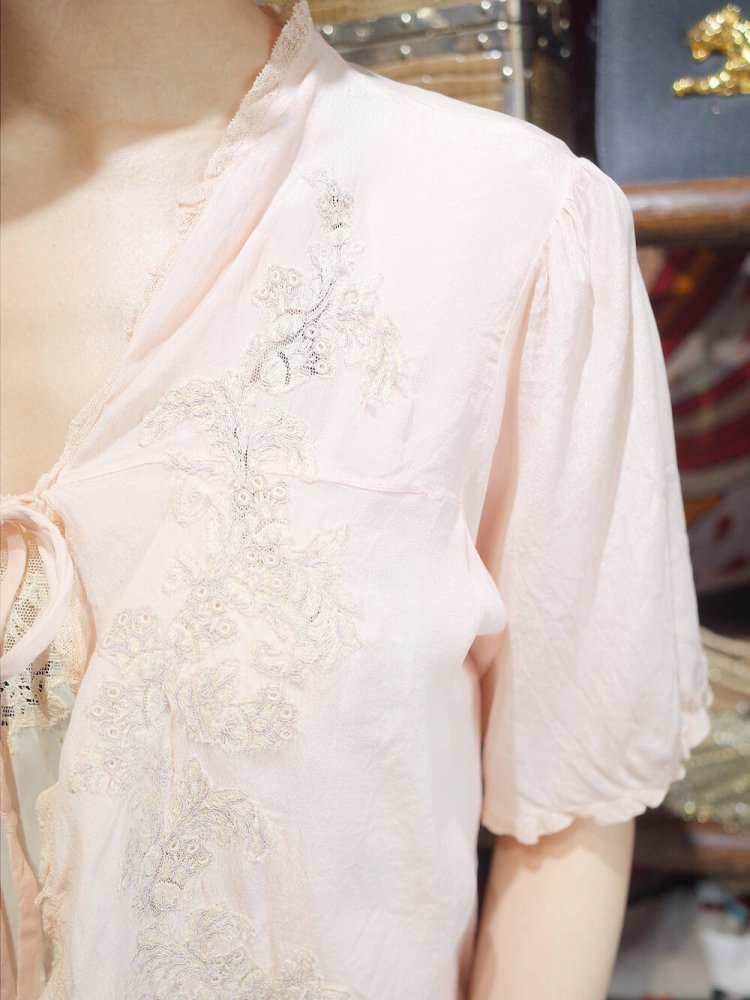 c.1920~30s Antique Silk Lingerie Embroidery Blouse