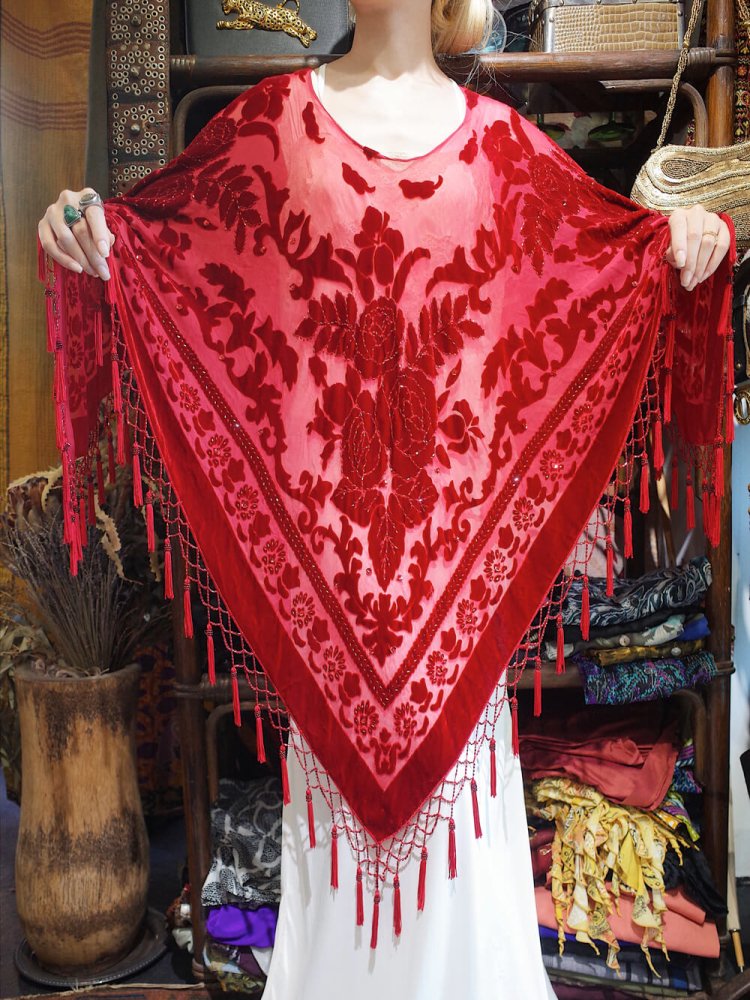 Rose Arabesque Velvet  Sheer Tassel Fringe Poncho