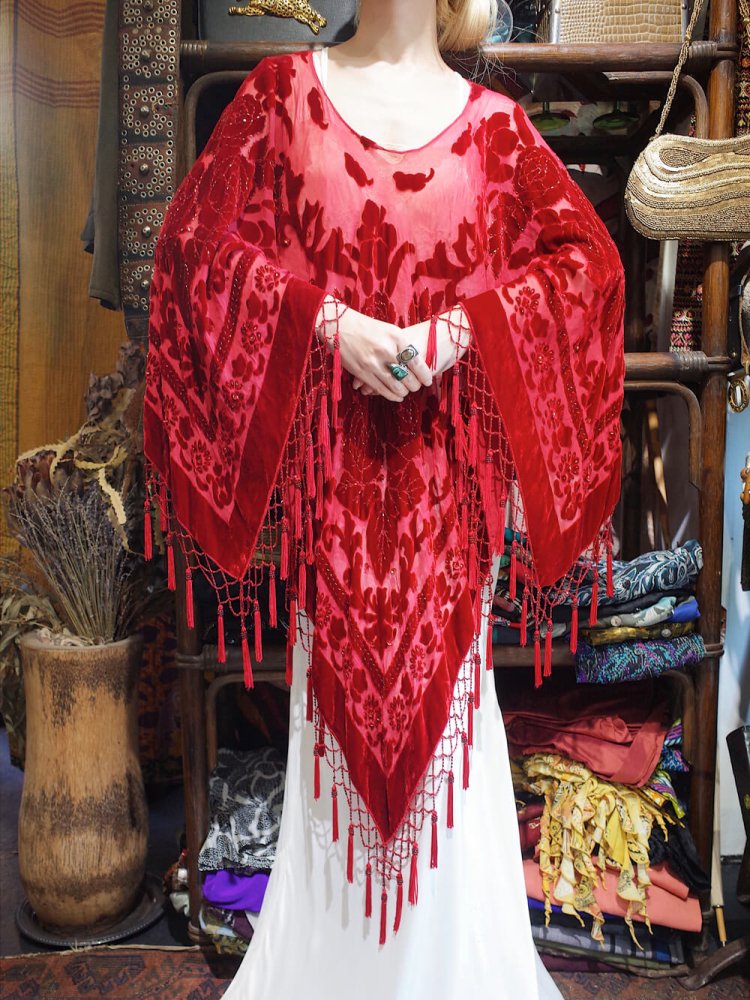 Rose Arabesque Velvet  Sheer Tassel Fringe Poncho