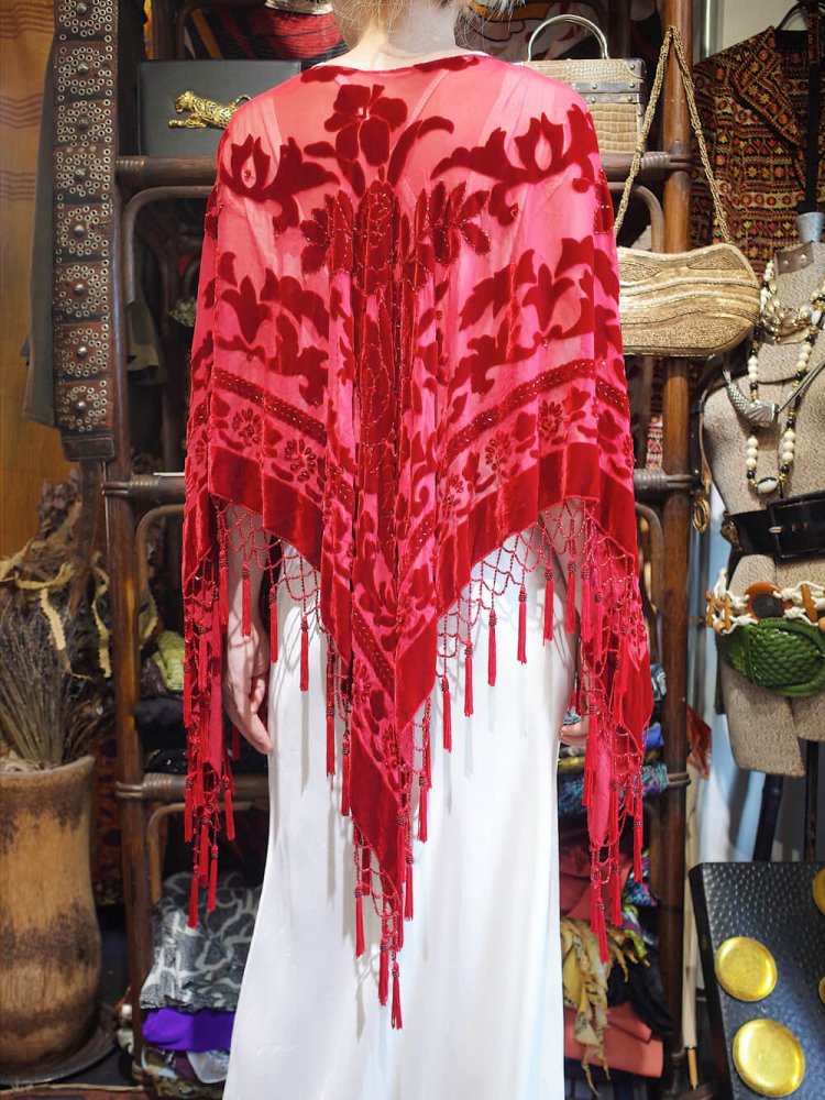 Rose Arabesque Velvet  Sheer Tassel Fringe Poncho