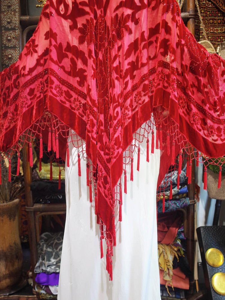 Rose Arabesque Velvet  Sheer Tassel Fringe Poncho