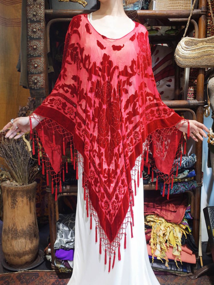 Rose Arabesque Velvet  Sheer Tassel Fringe Poncho