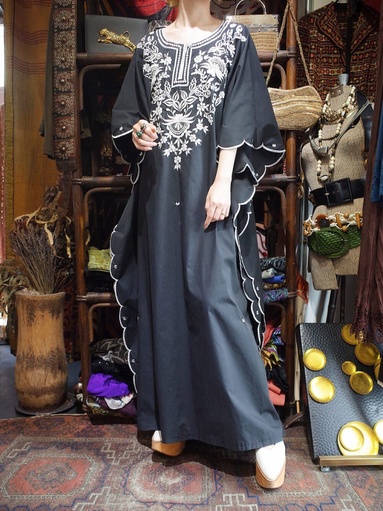 c.1970s Black & White Embroidery Kaftan Dress