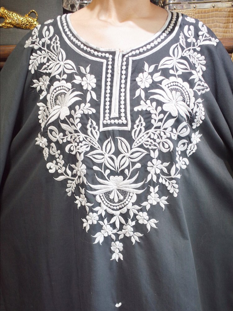 c.1970s Black & White Embroidery Kaftan Dress