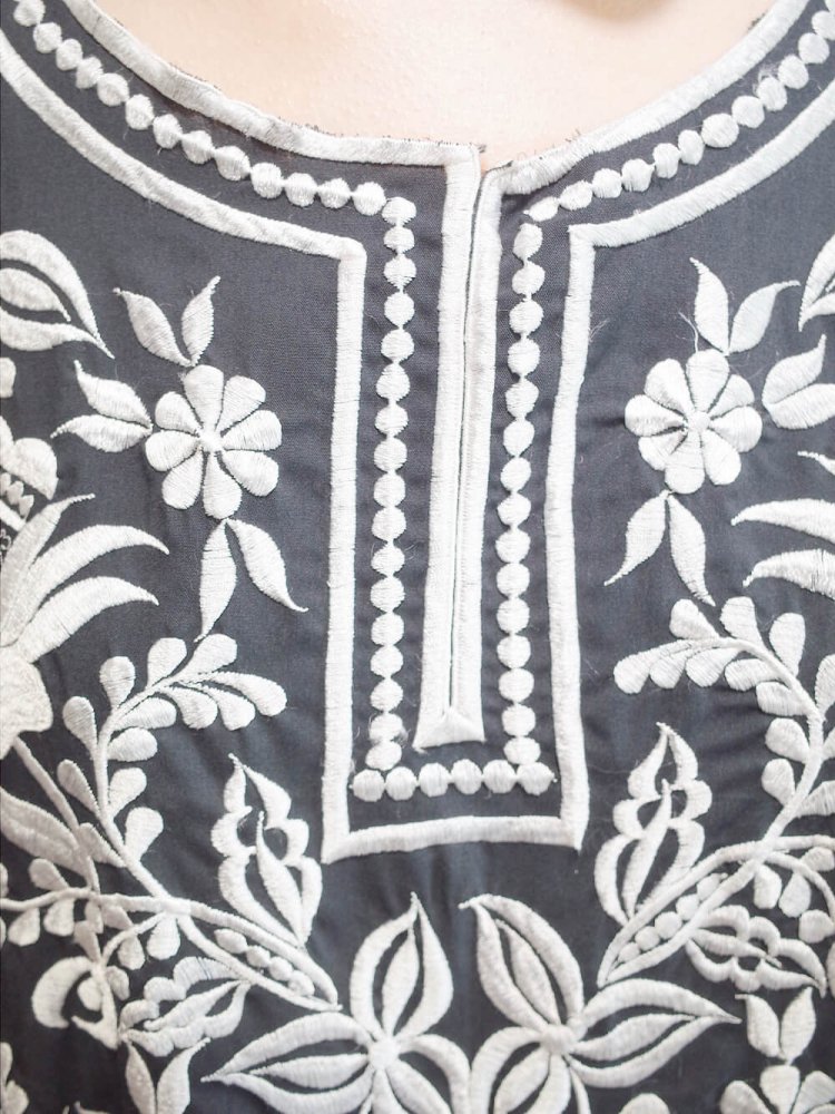 c.1970s Black & White Embroidery Kaftan Dress