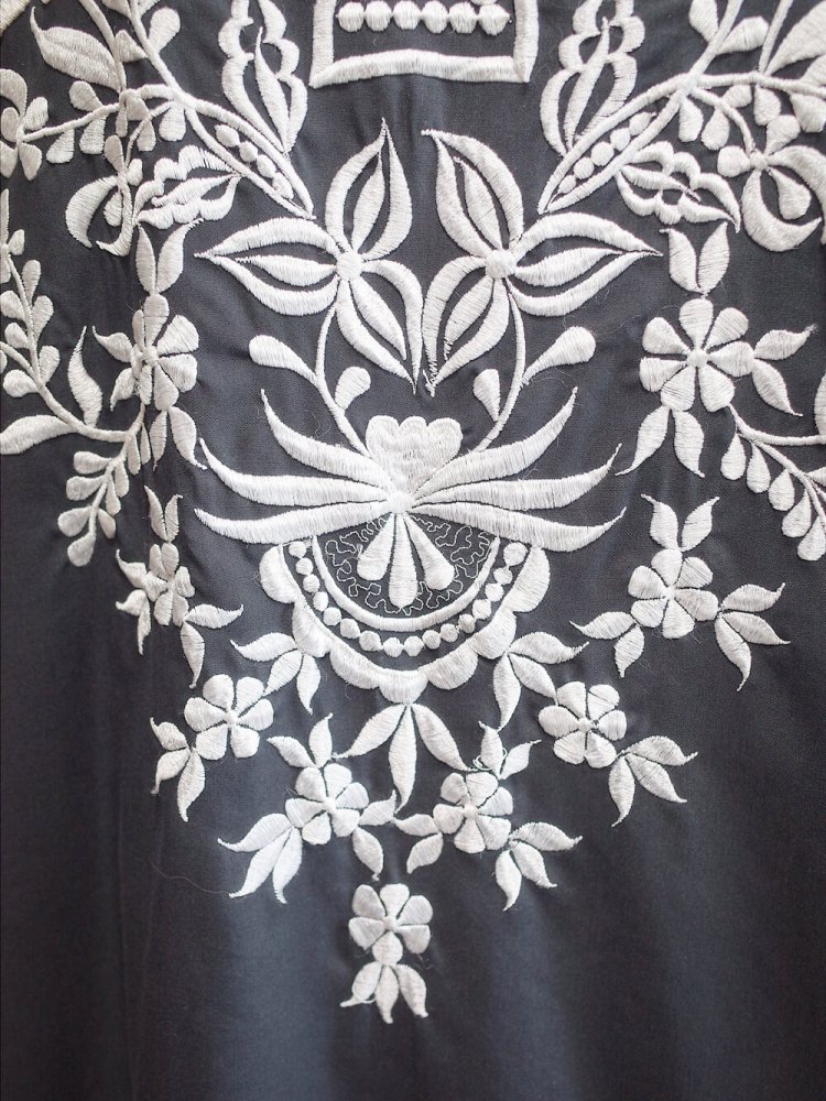 c.1970s Black & White Embroidery Kaftan Dress