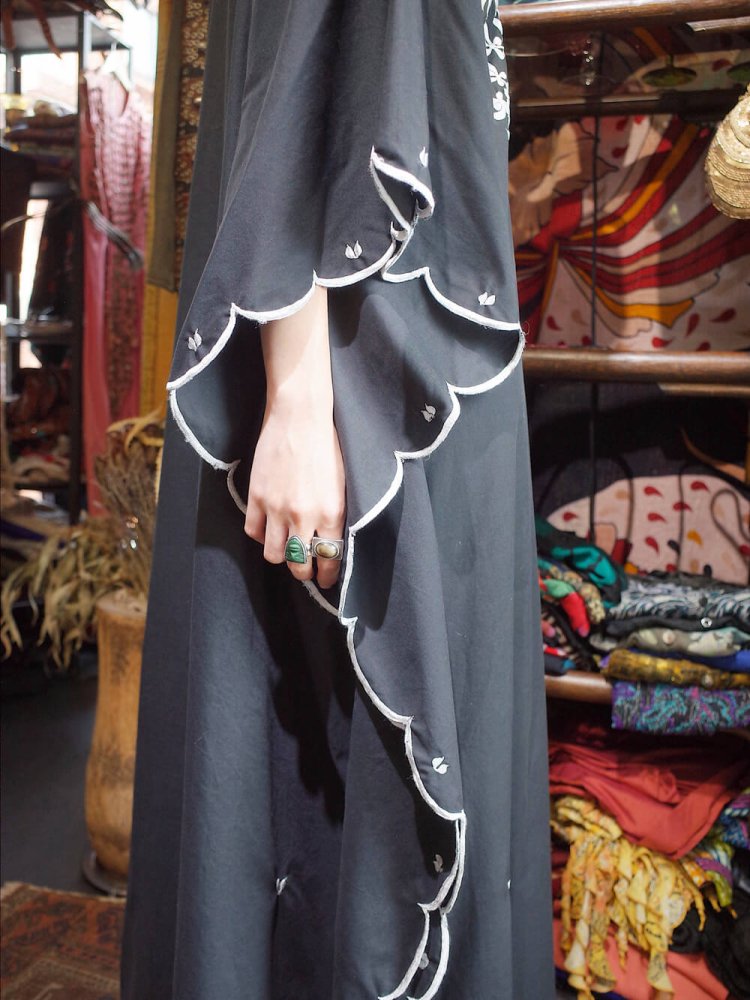 c.1970s Black & White Embroidery Kaftan Dress