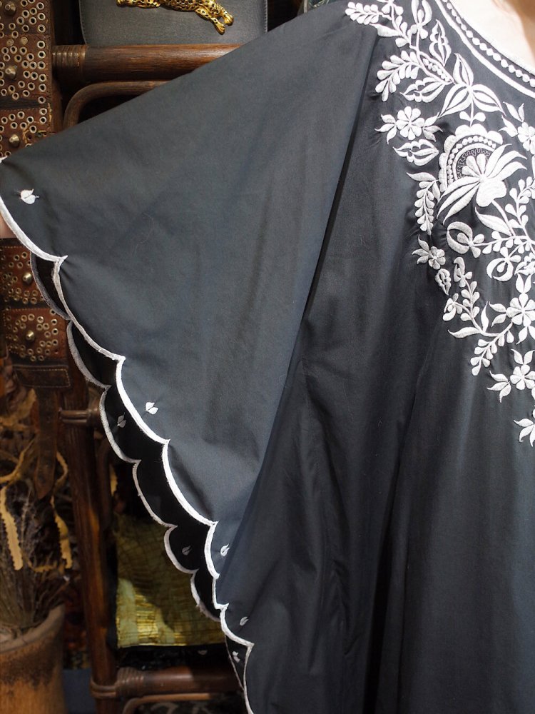 c.1970s Black & White Embroidery Kaftan Dress