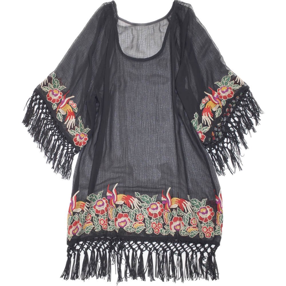 Fringe & Flower Embroidery Sheer Tops