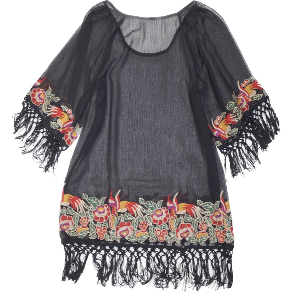 Fringe & Flower Embroidery Sheer Tops