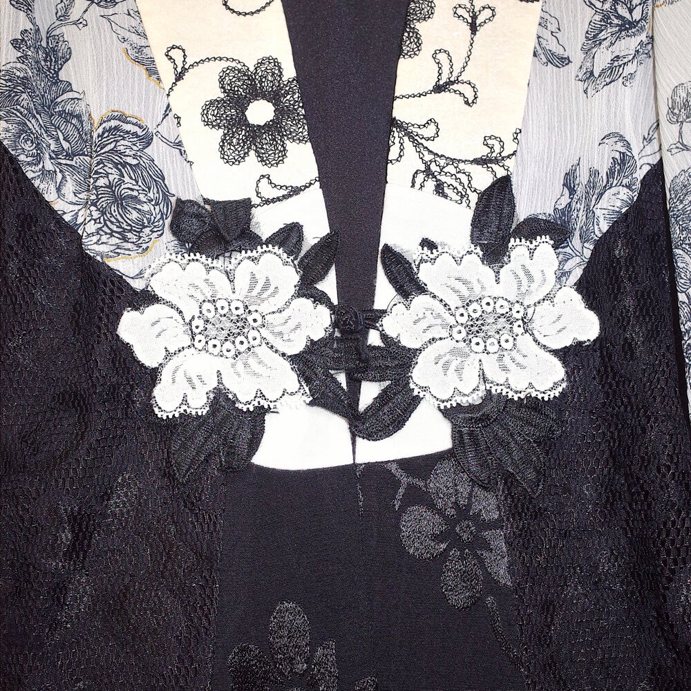 Embroidery & Sheer China Gown Black  White