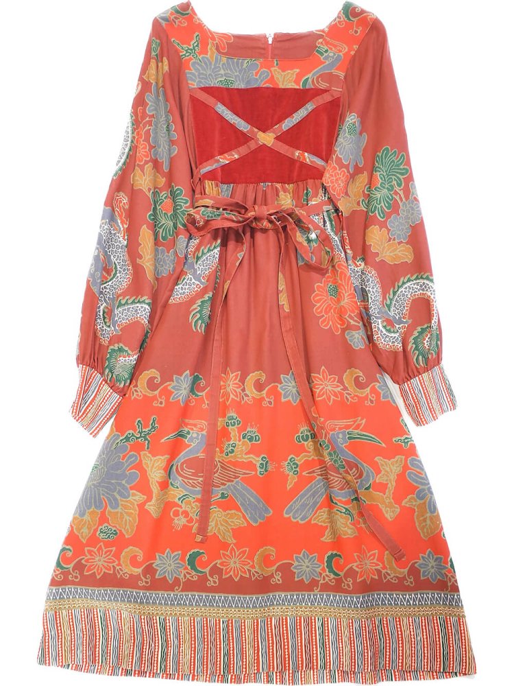 c.1970s Oriental Dragon & Bird Square Neck Dress