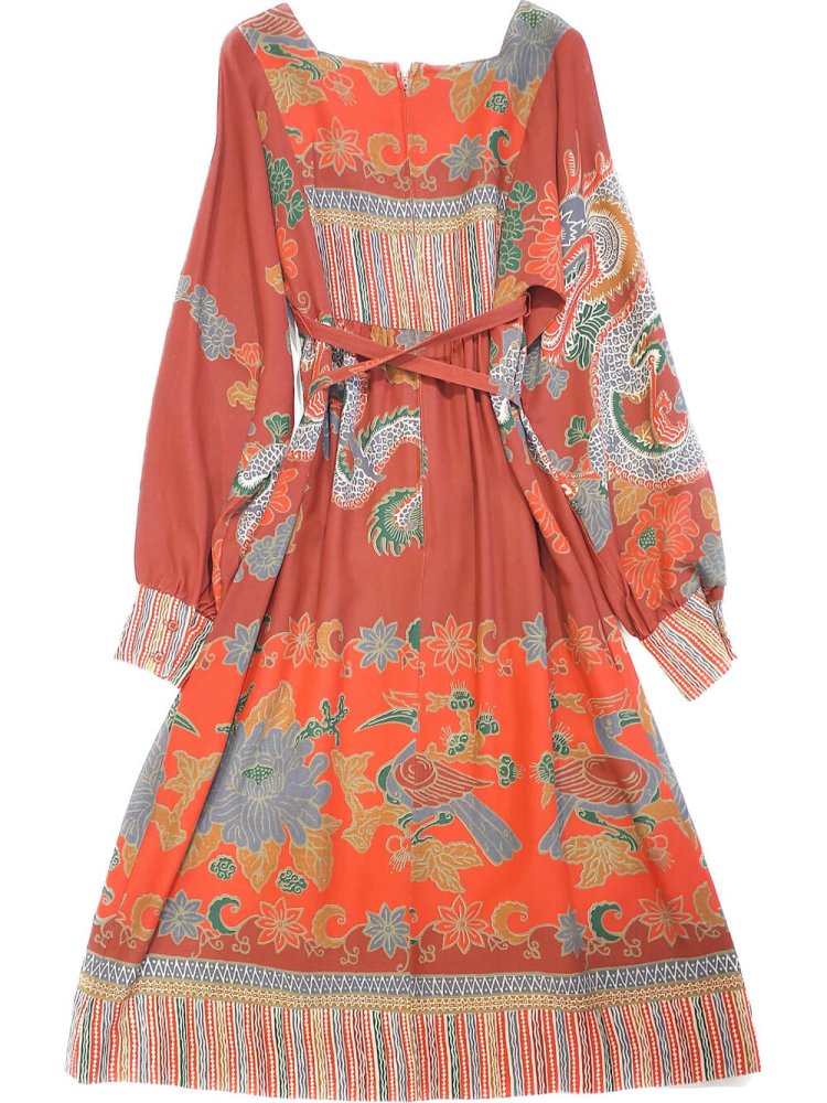 c.1970s Oriental Dragon & Bird Square Neck Dress