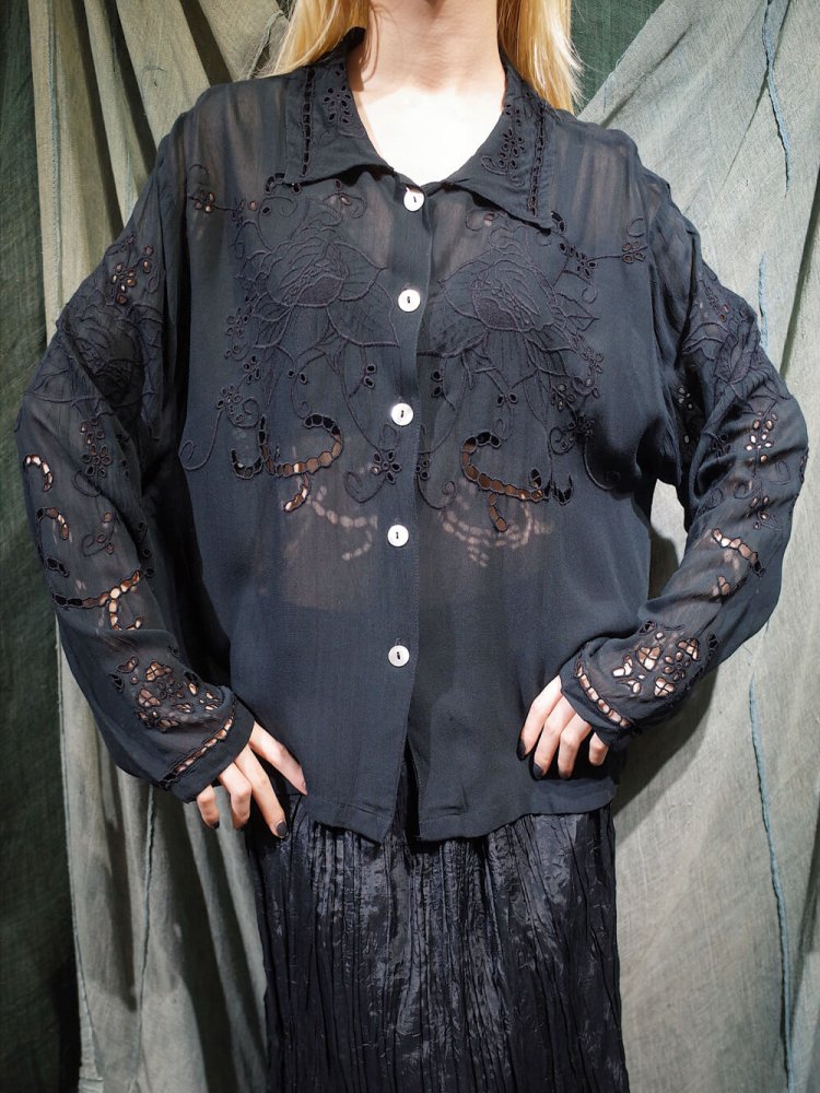 Eyelet & Embroidery Black Rayon Shirt