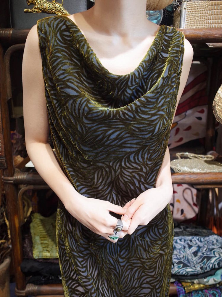 Deep Green Velvet  Sheer Wave Pattern Dress