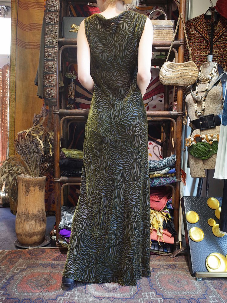 Deep Green Velvet  Sheer Wave Pattern Dress