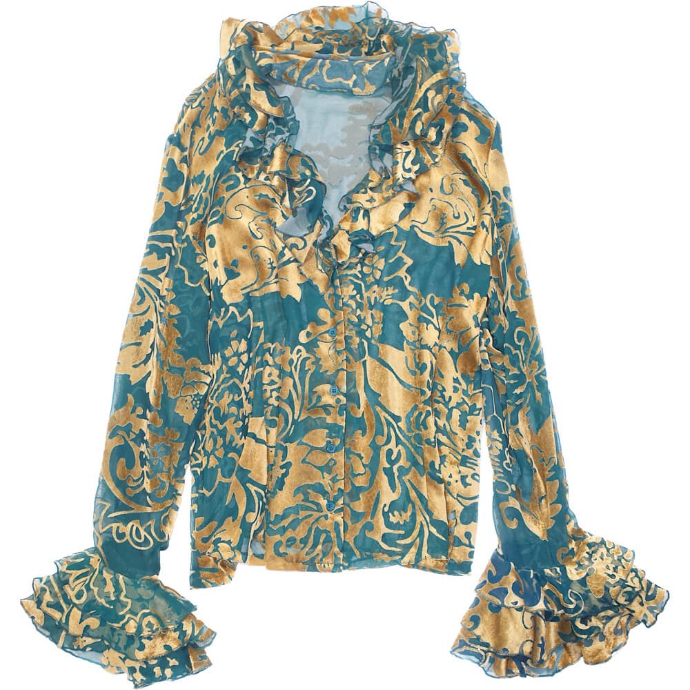 Green Gold Velvet  Sheer Frill Shirt