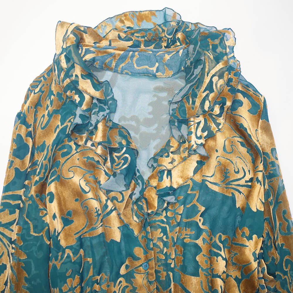 Green Gold Velvet  Sheer Frill Shirt