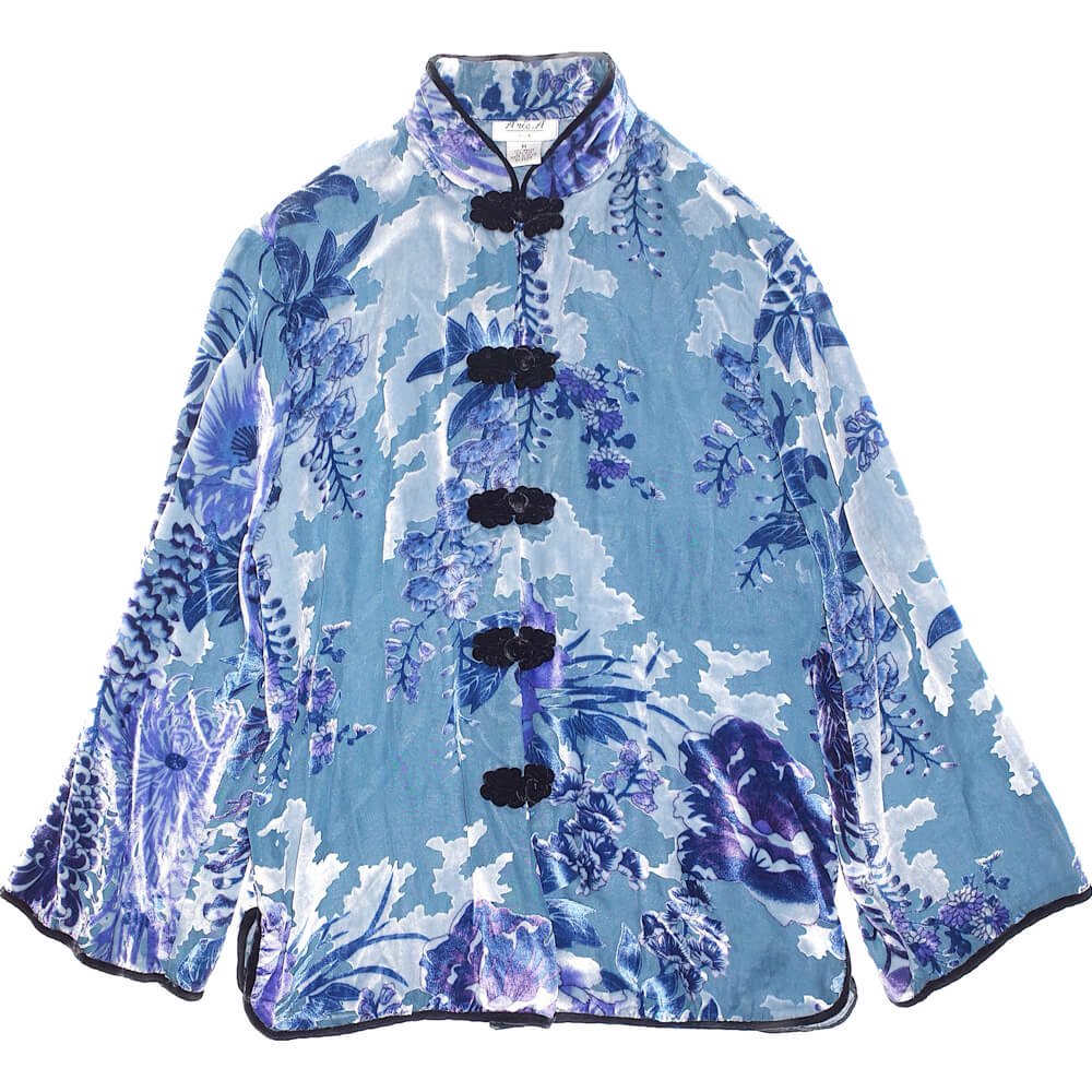 Ice Blue Velvet  Sheer Silk Rayon China Shirt