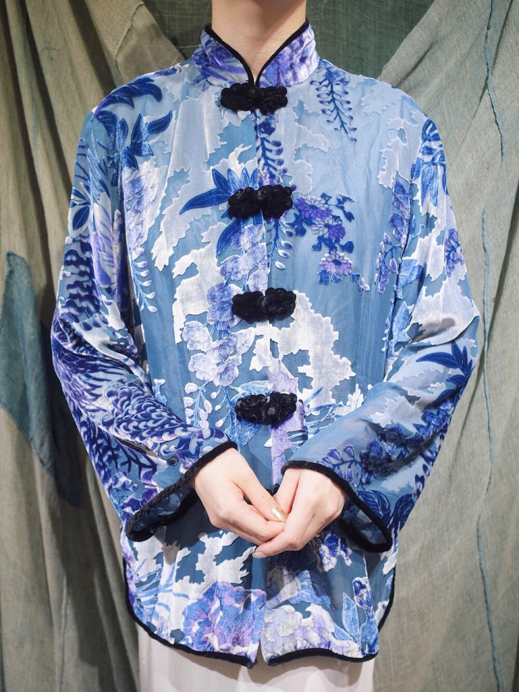 Ice Blue Velvet  Sheer Silk Rayon China Shirt