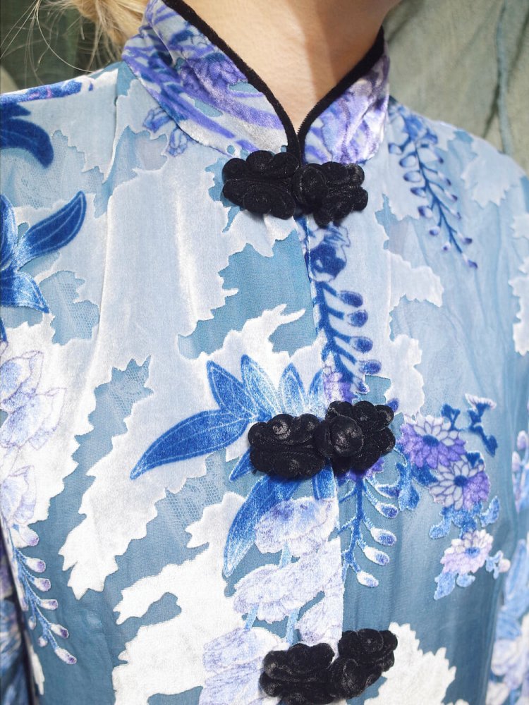 Ice Blue Velvet  Sheer Silk Rayon China Shirt