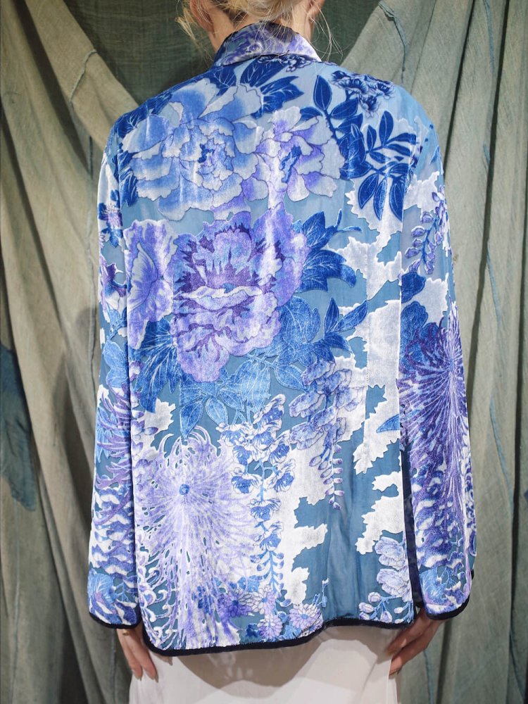 Ice Blue Velvet  Sheer Silk Rayon China Shirt