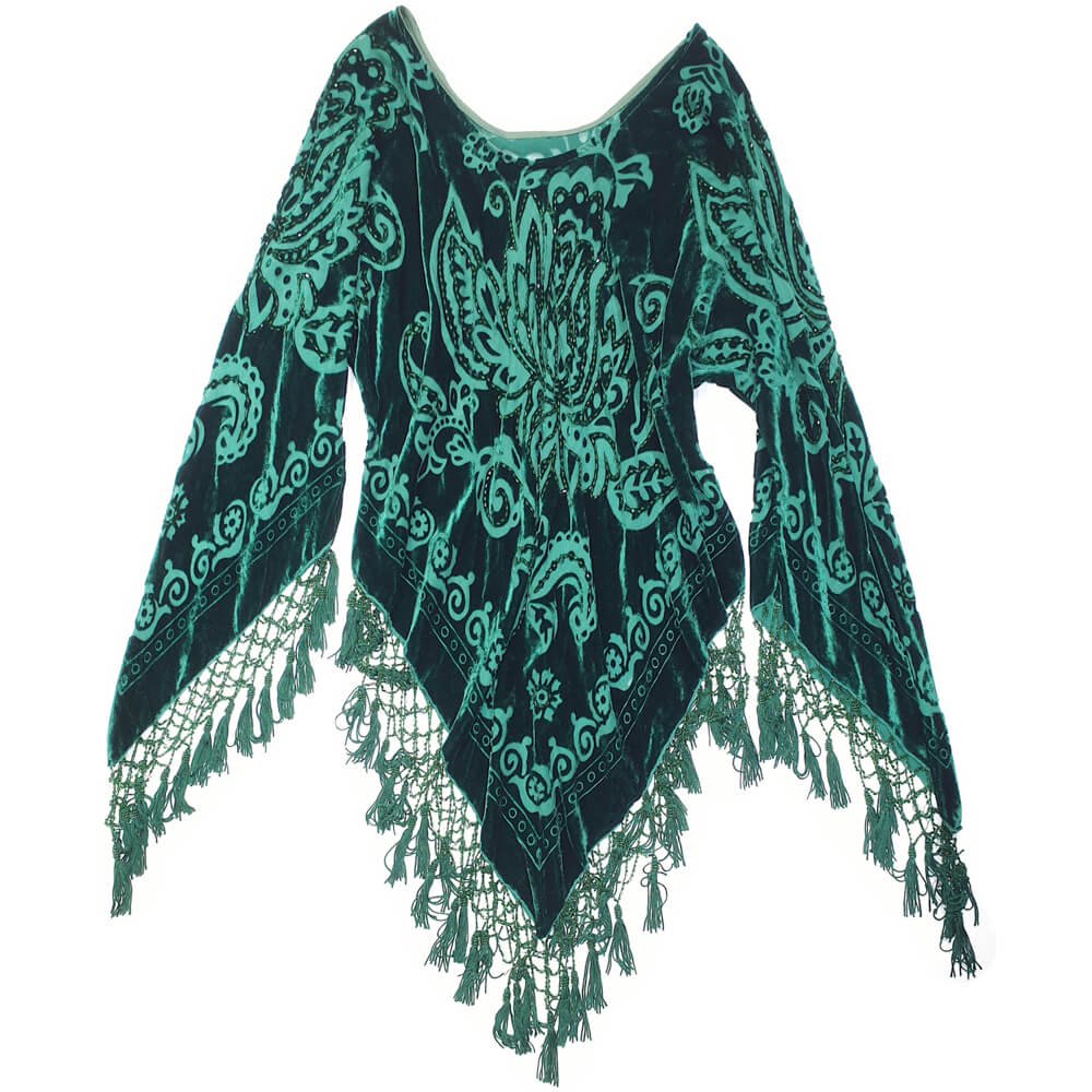 Deep Green Arabesque Velvet  Sheer Tassel Fringe Tops