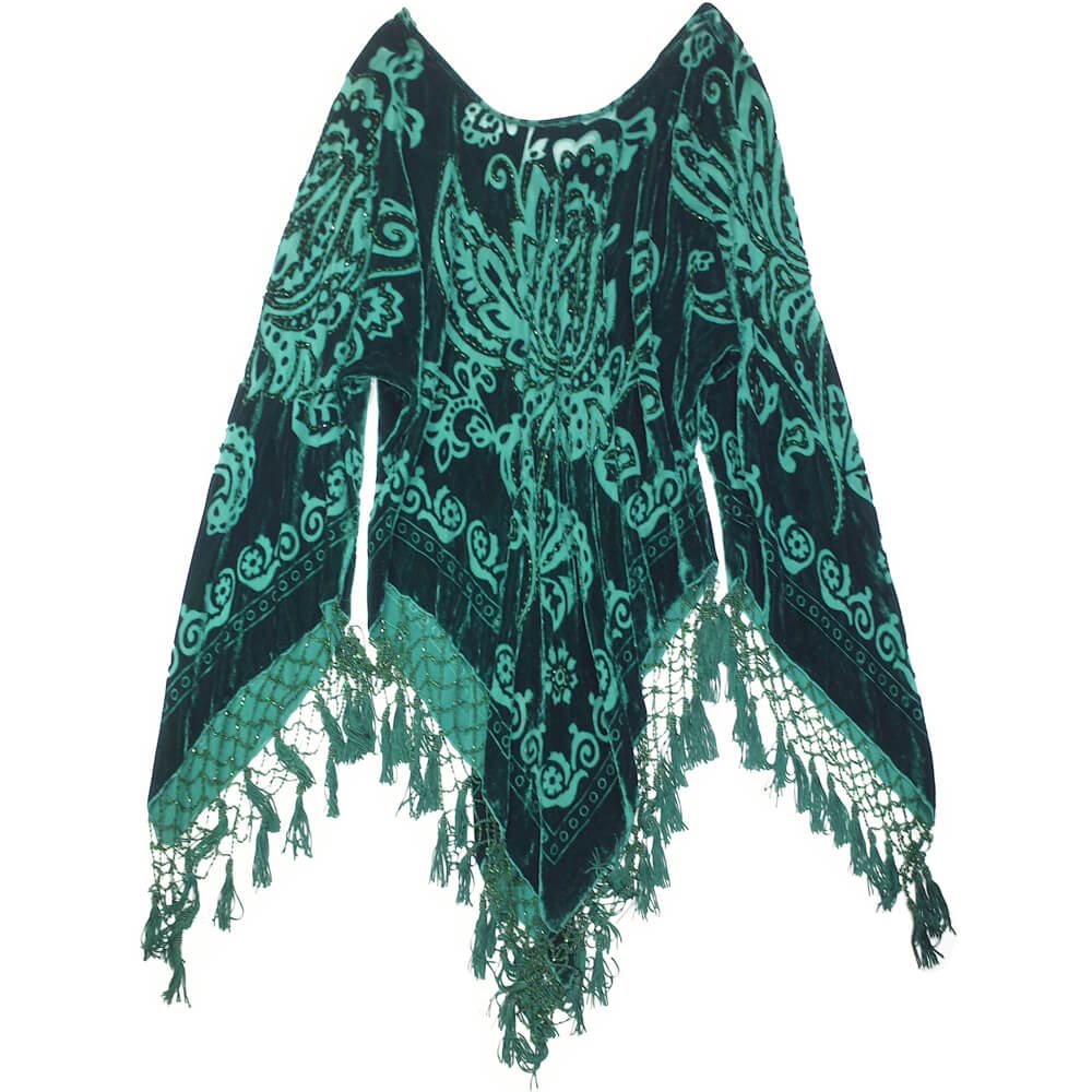 Deep Green Arabesque Velvet  Sheer Tassel Fringe Tops