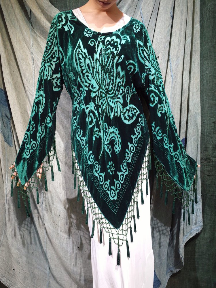 Deep Green Arabesque Velvet  Sheer Tassel Fringe Tops