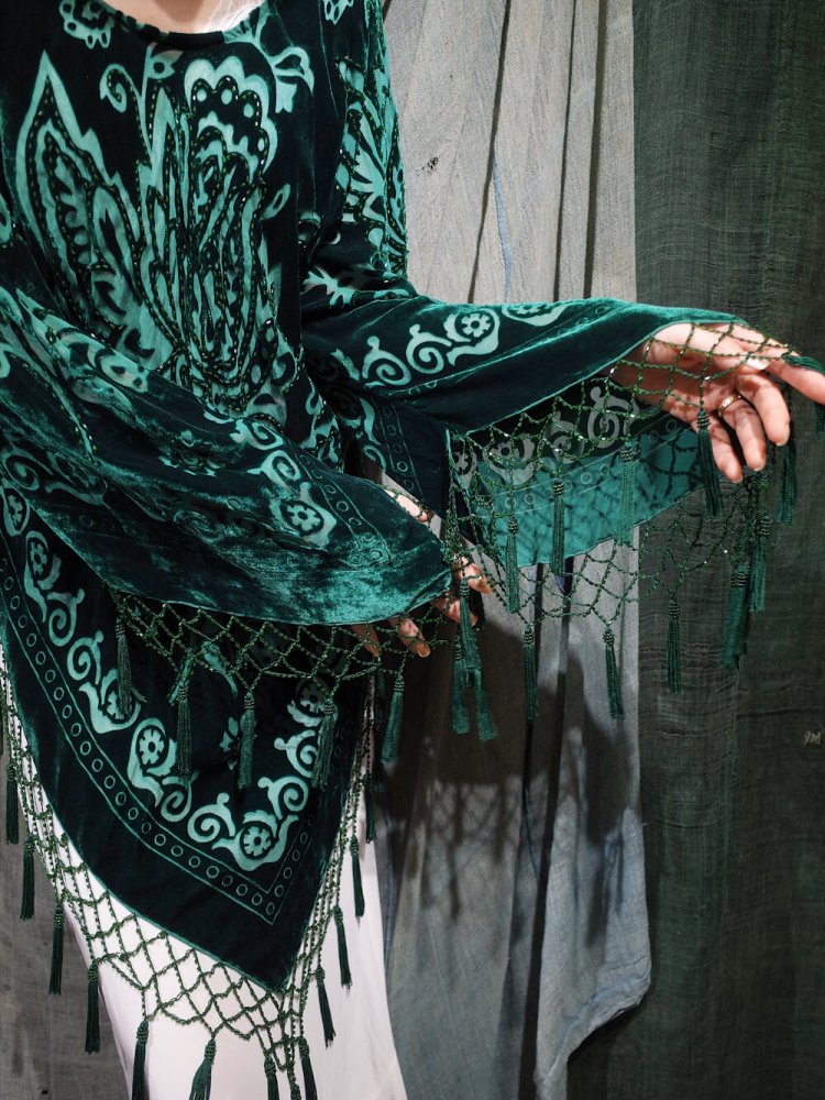 Deep Green Arabesque Velvet  Sheer Tassel Fringe Tops