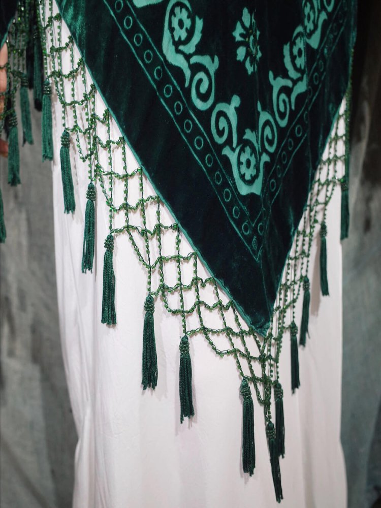 Deep Green Arabesque Velvet  Sheer Tassel Fringe Tops